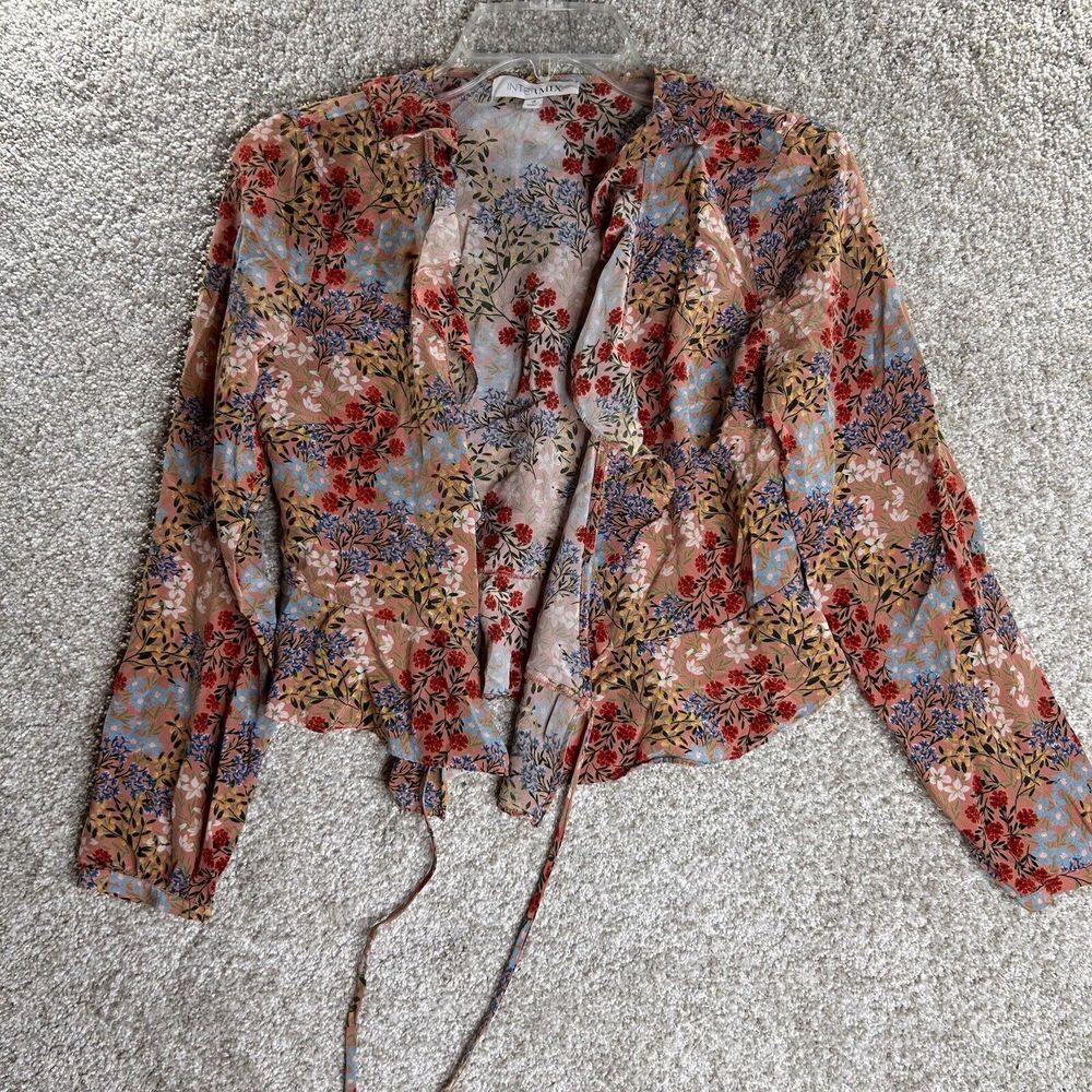 Intermix Floral Top‎ Women's Size 4 100% Silk Open Front Long Sleeve